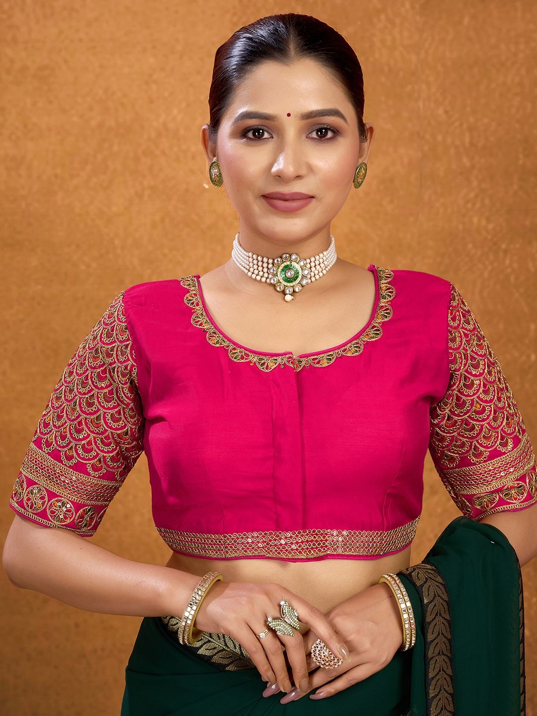 

KALINI Sequinned Embroidered Silk Saree Blouse, Pink