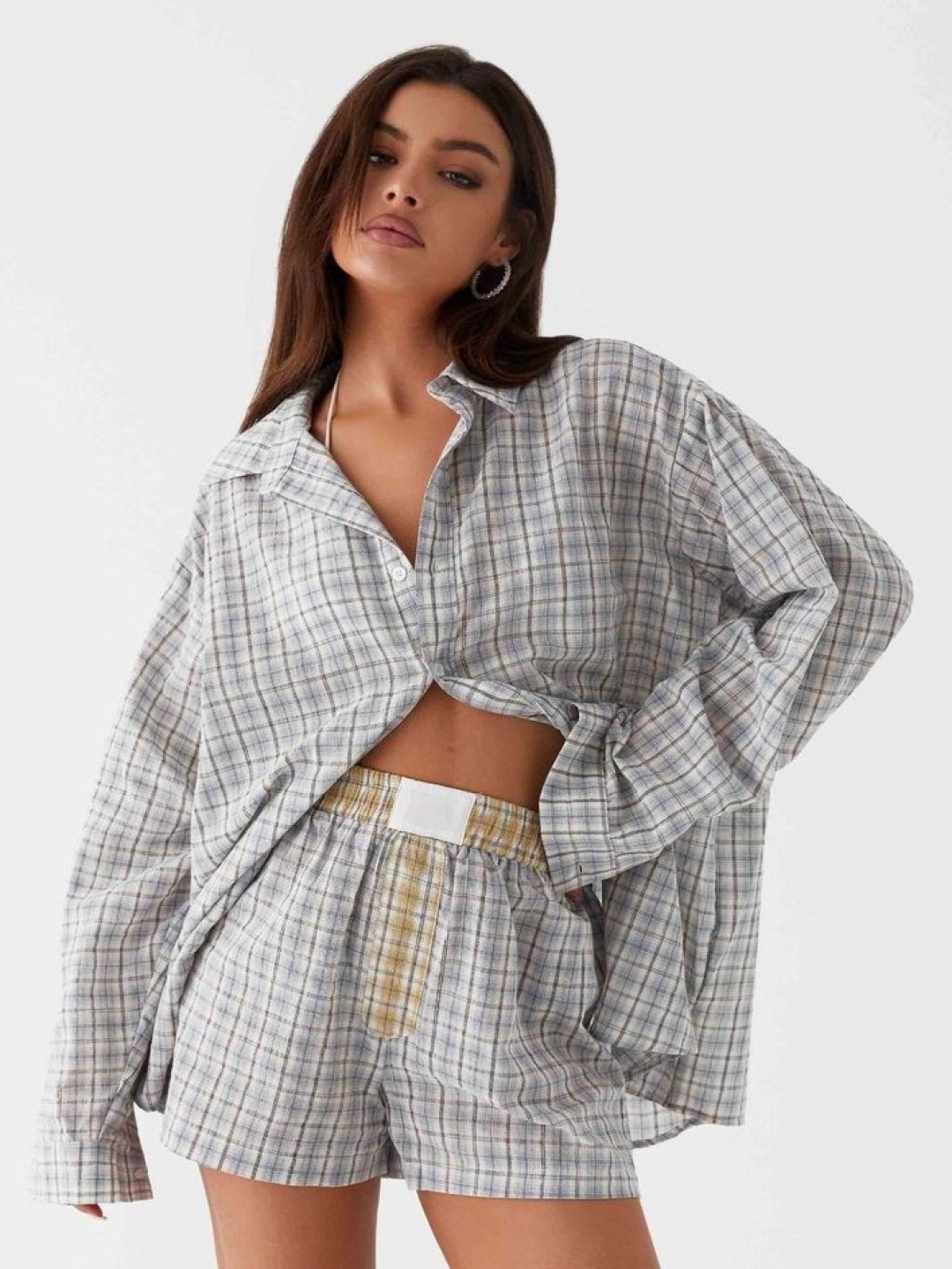 

LULU & SKY Checked Pure Cotton Shirt & Shorts, Grey