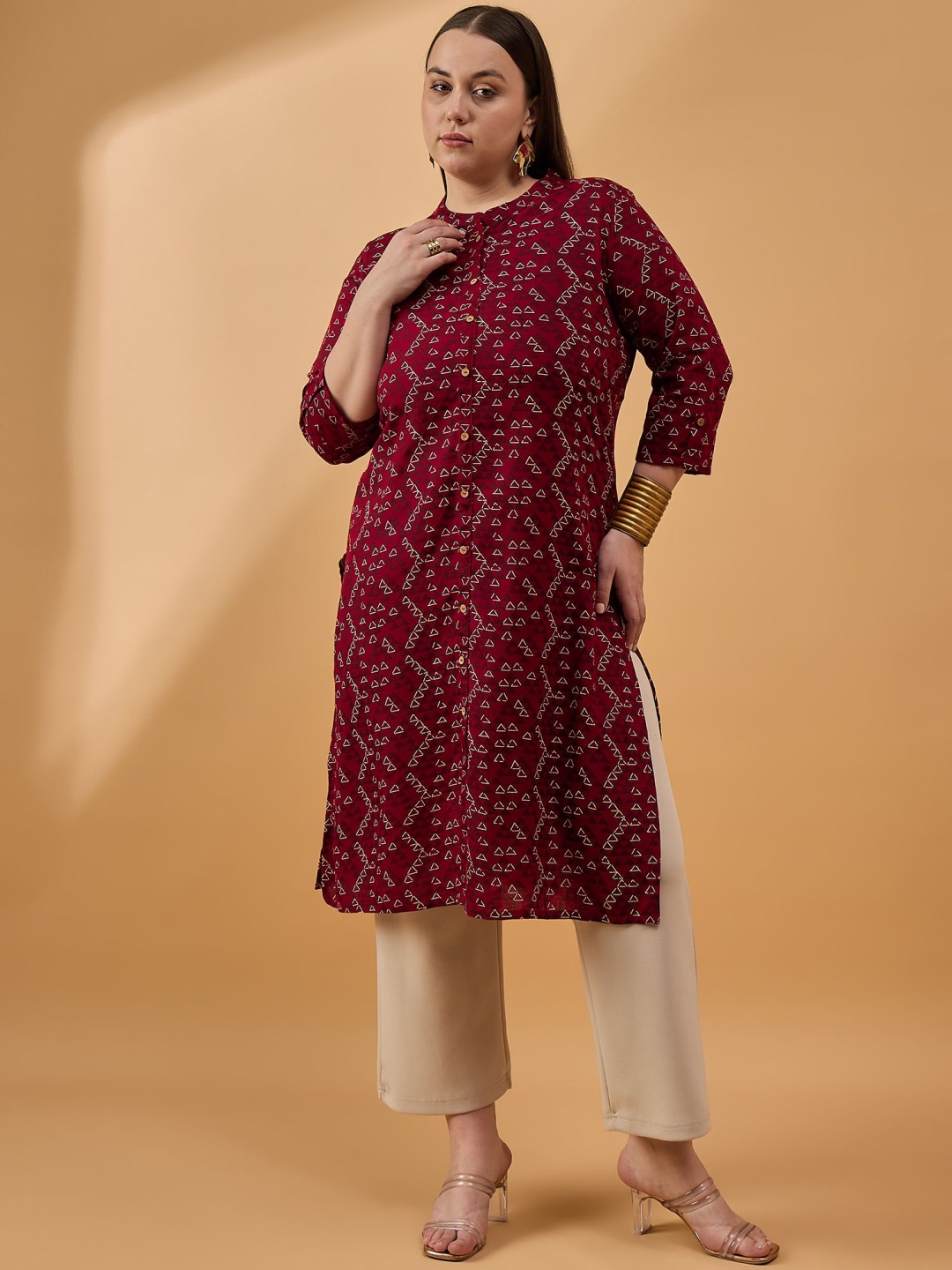 

all about you Plus Size Geometric Printed Cotton Straight Kurta, Red