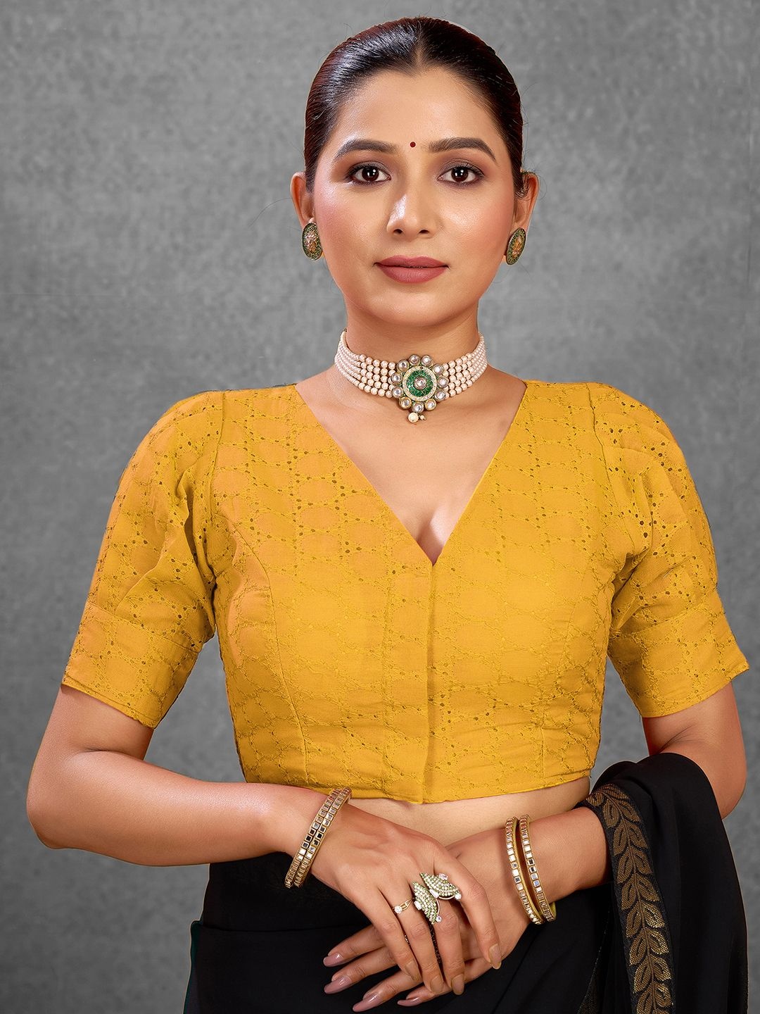 

KALINI Embroidered Cotton Saree Blouse, Mustard