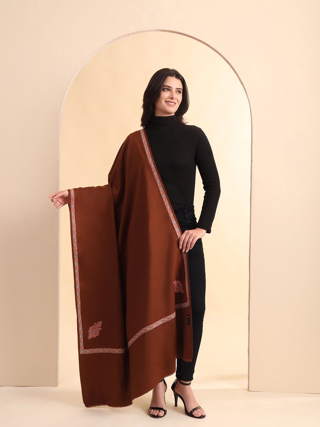 

Zamour Sozni Floral Embroidered Shawl, Brown