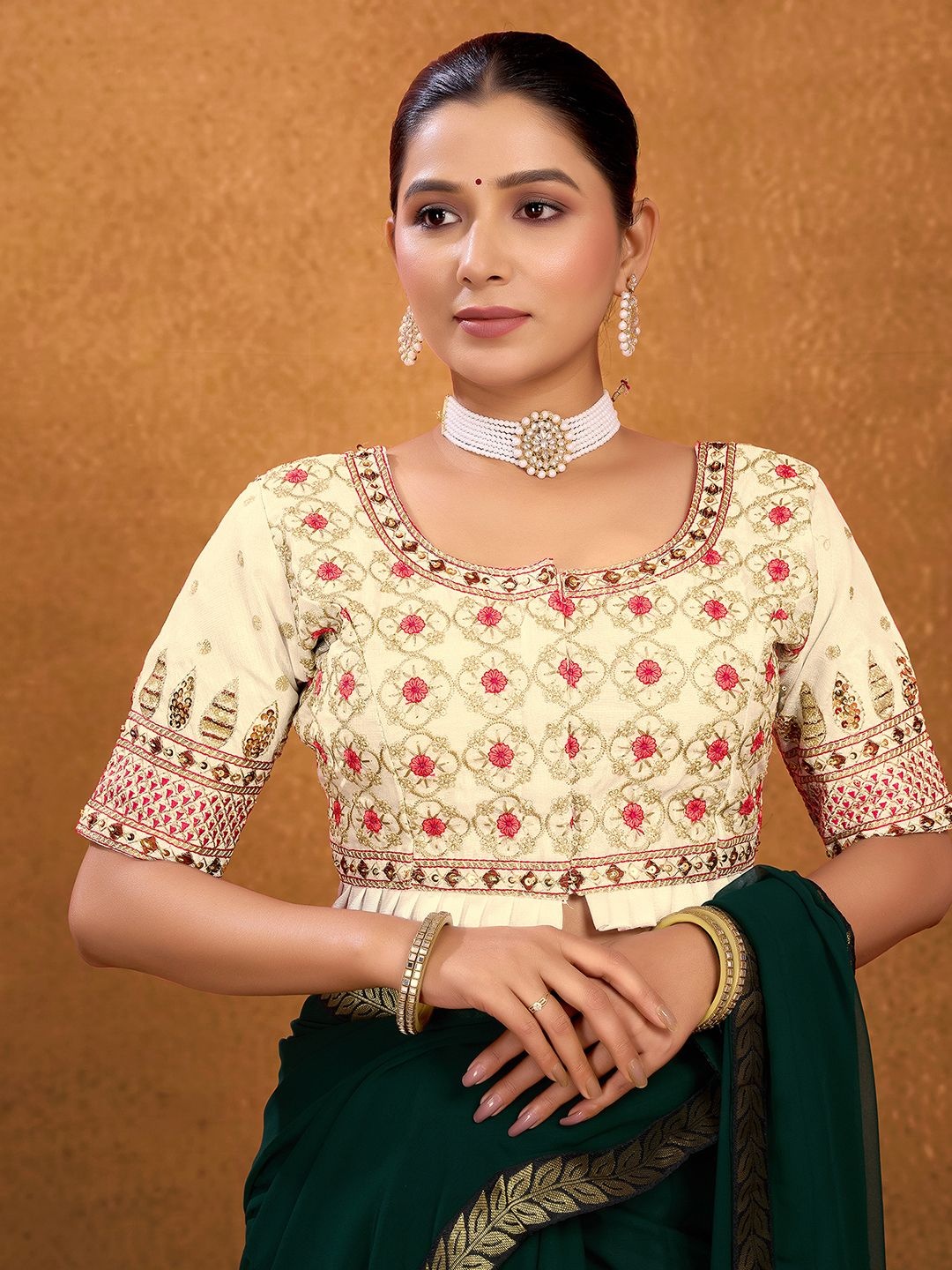 

KALINI Women Sequinned Embroidered Saree Blouse, Cream