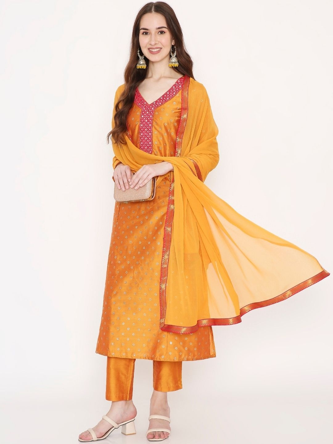 

Saffron Threads Ethnic Motifs Printed Mukaish A Line Kurta with Trousers & Dupatta, Mustard