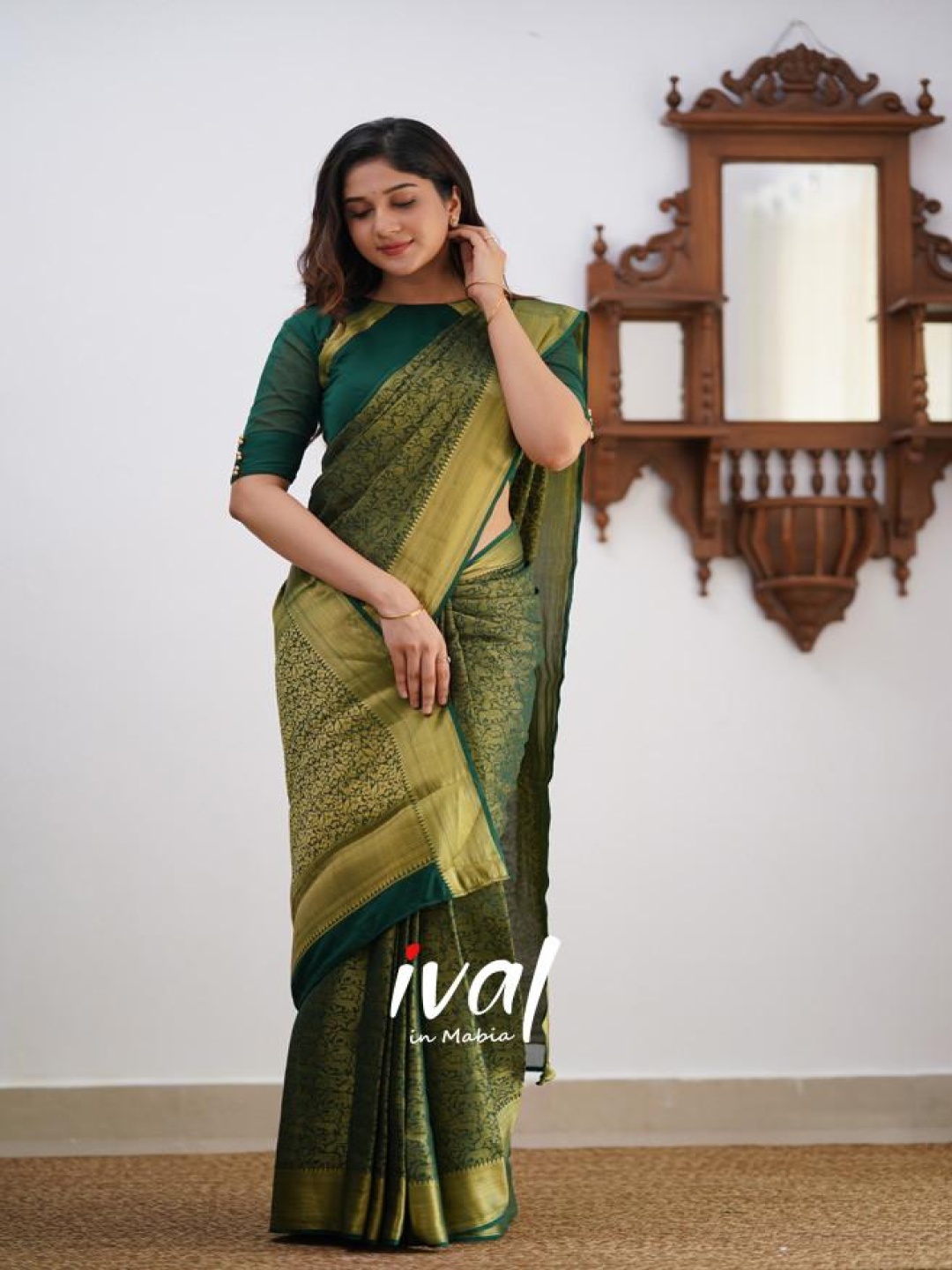 

KALINI Woven Design Zari Pure Silk Banarasi Saree, Green