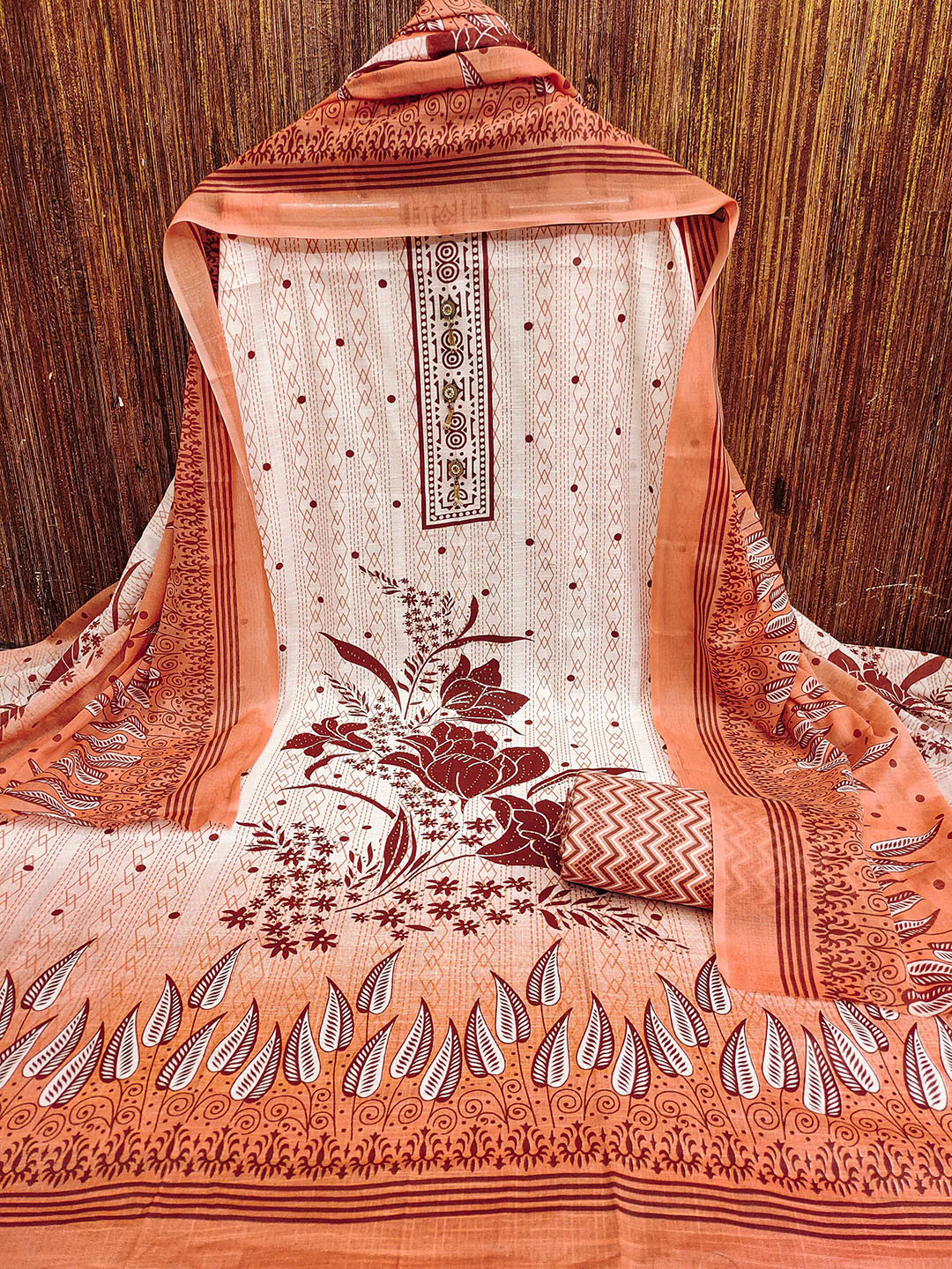 

MANVAA Floral Printed Stone Work Unstitched Dress Material, Orange