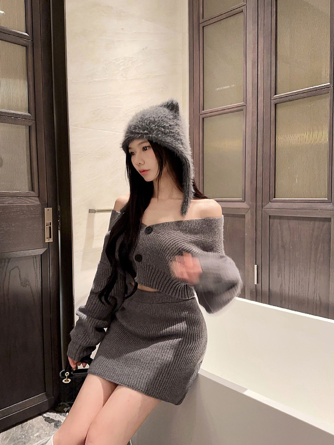 

LULU & SKY Off Shoulder Cardigan Top With Skirt, Grey