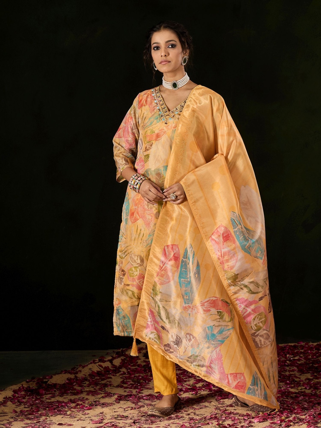 

Anouk Yellow Floral Printed V-Neck Thread Work Straight Kurta With Trousers & Dupatta