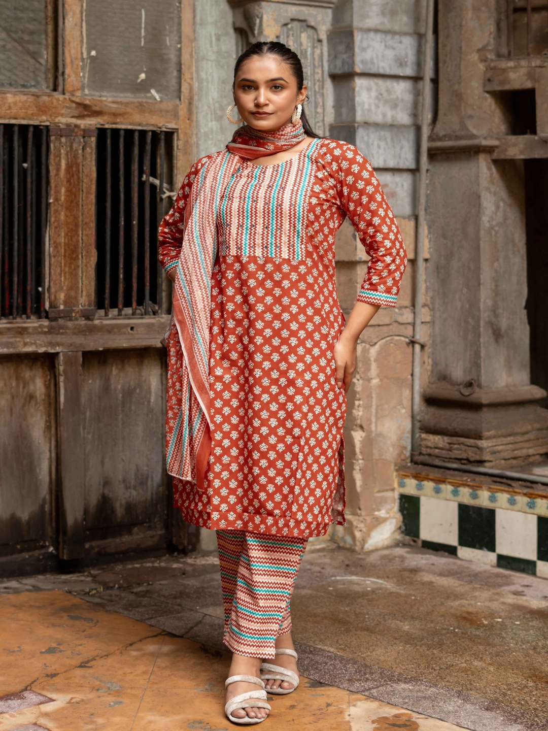 

KALINI Floral Printed Round Neck Mirror Work Pure Cotton Kurta With Trousers & Dupatta, Orange