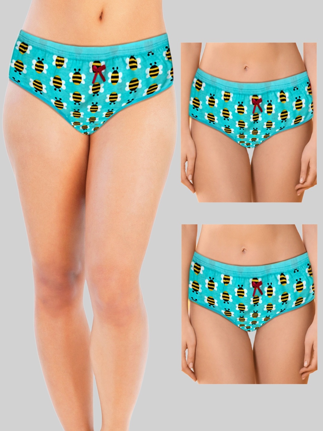 

DChica Women Pack Of 3 Bee Printed Mid-Rise Hipster Briefs, Turquoise blue