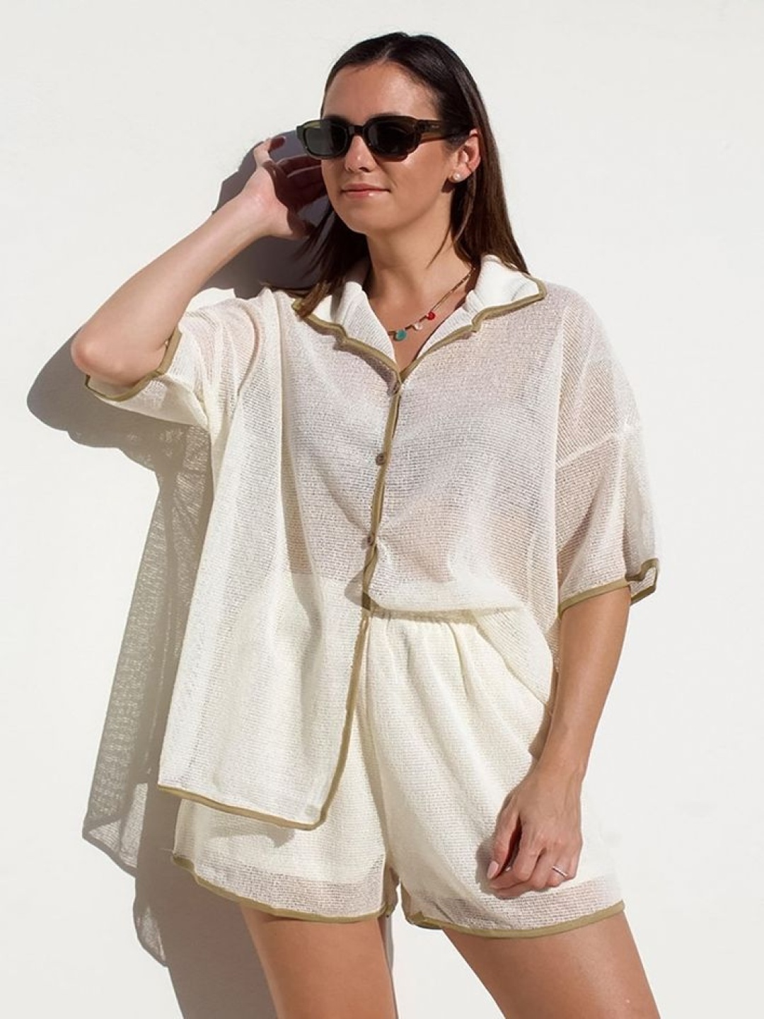 

LULU & SKY Sheer Shirt With Shorts, White