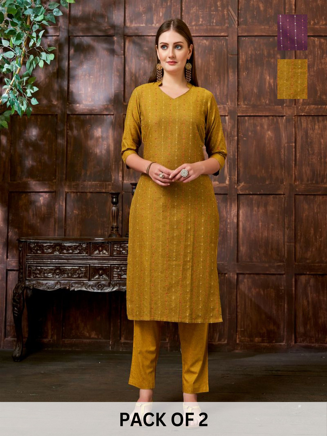 

KALINI Selections Of 4 Straight Kurta with Trousers, Yellow