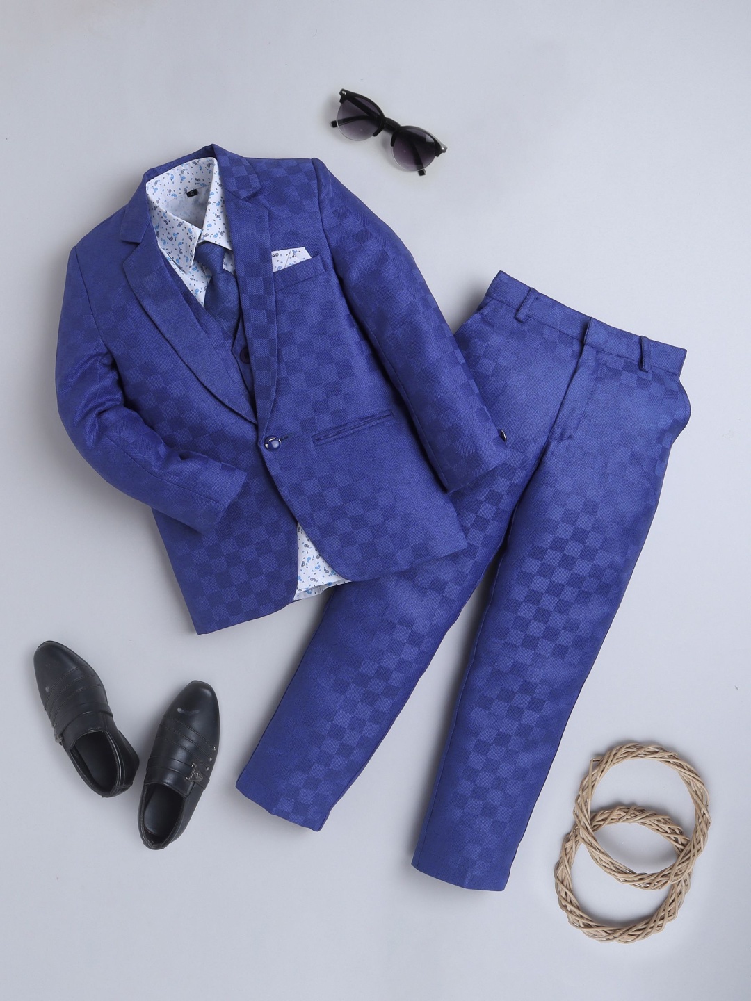 

BAESD Boys Checked Single-Breasted Four-Piece Party Suit, Navy blue