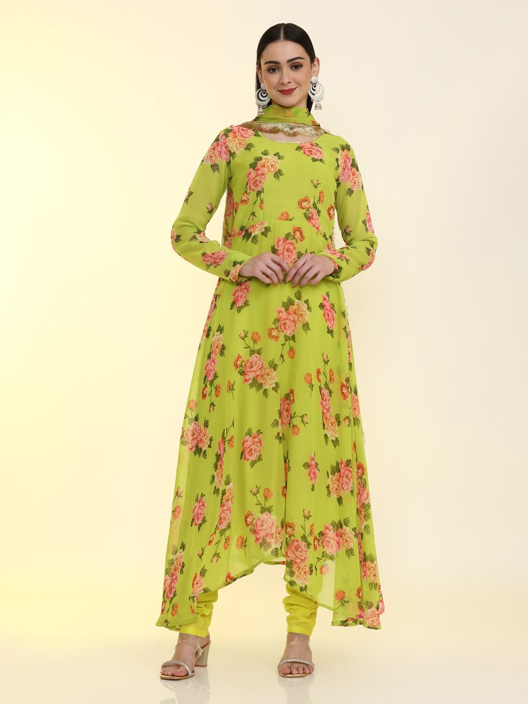 

Jaipur Kurti Floral Printed Anarkali Kurta with Churidar & With Dupatta, Lime green