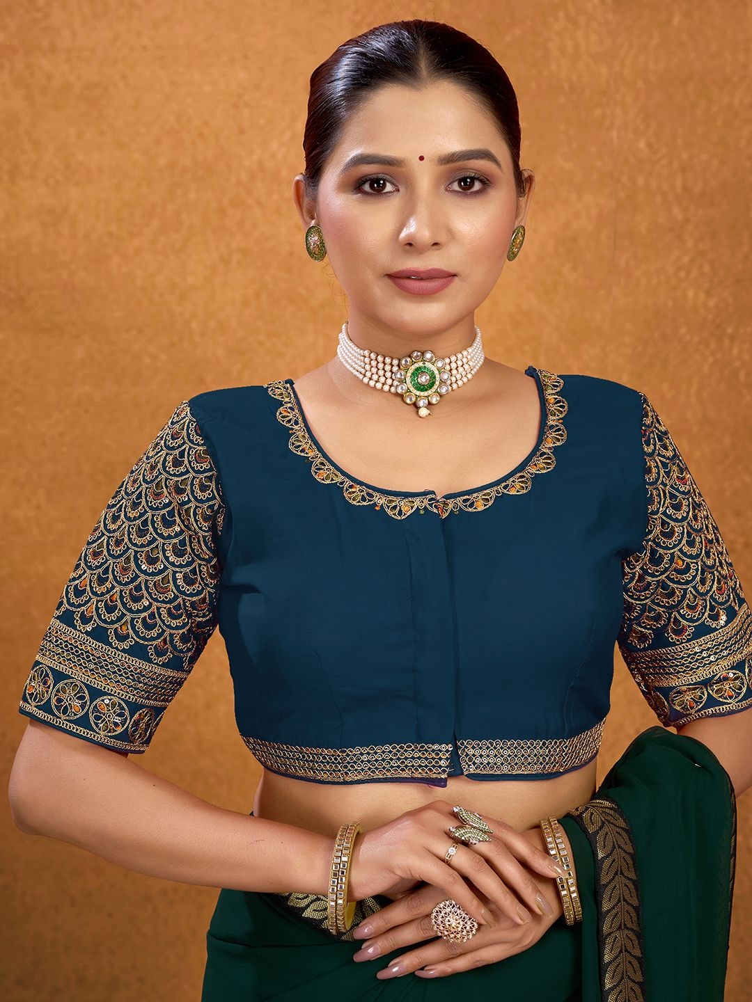 

Kalini Sequinned Embroidered Silk Saree Blouse, Teal