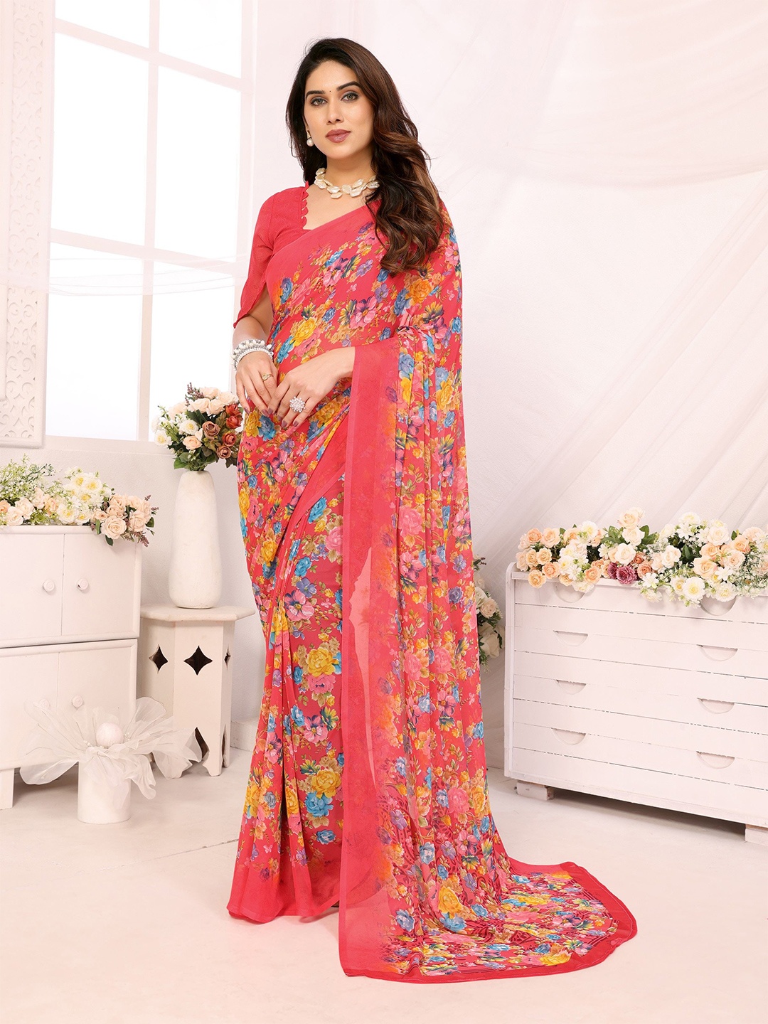 

The Textile Hub Floral Printed Pure Georgette Saree, Red