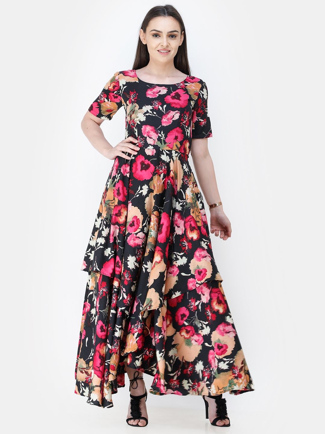 

BAESD Women Floral Printed Georgette Maxi Dress, Black