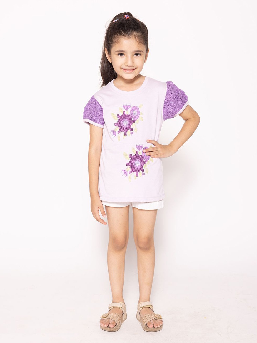 

PAMPOLINA Girls Round Neck Printed Top, Lavender