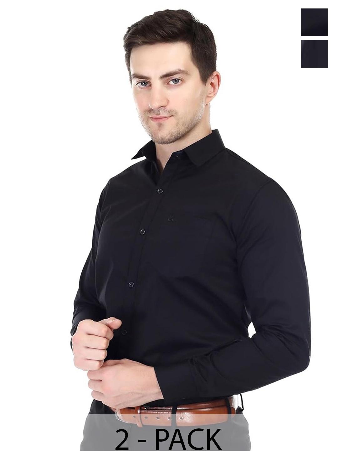 

Xjarvis Men Pack Of 2 Standard Slim Fit Spread Collar Solid Formal Shirts, Black