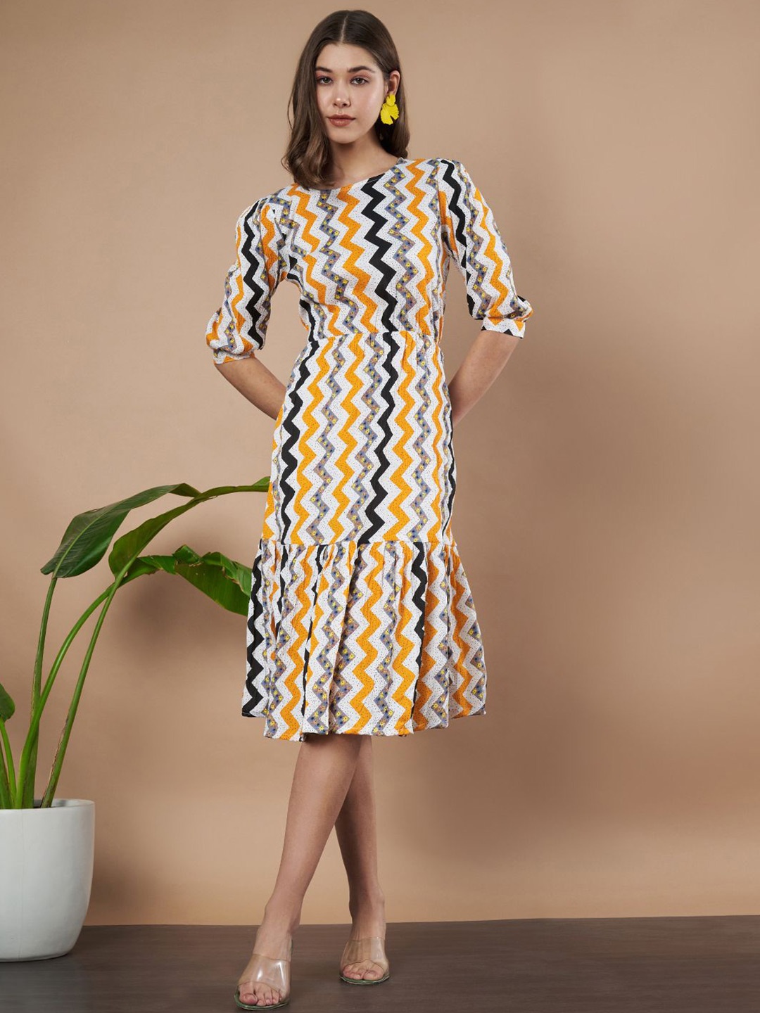 

Womenster Women Printed A-Line Midi Dress, Mustard