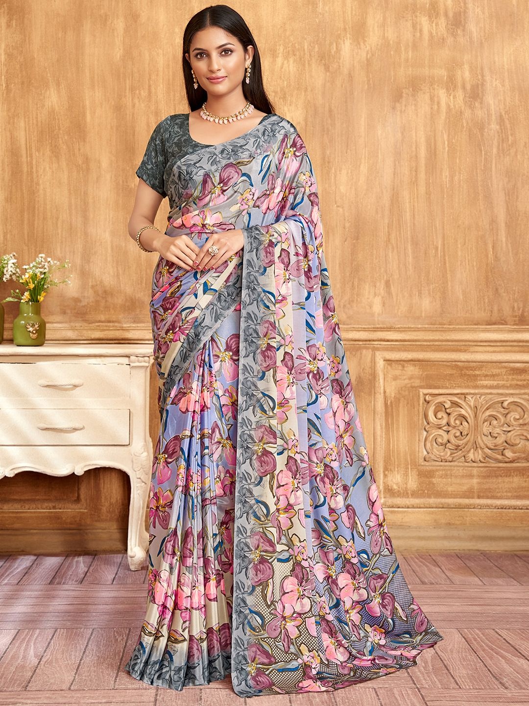 

Mitera Floral Poly Crepe Designer Saree, Grey