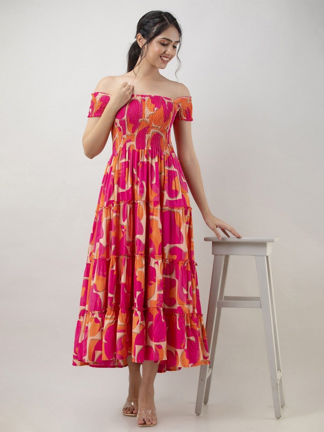 

Femvy Women Floral Printed Off-Shoulder Applique Crepe Fit & Flare Maxi Dress, Orange