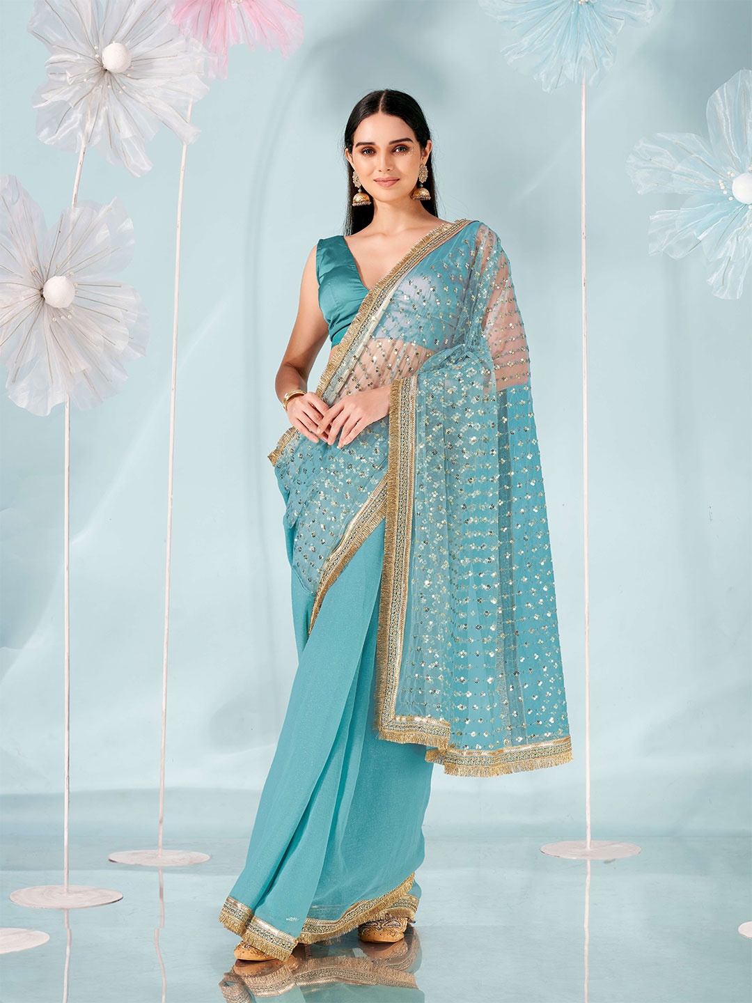 

Tikhi Imli Embellished Sequinned Net Half and Half Saree, Sea green