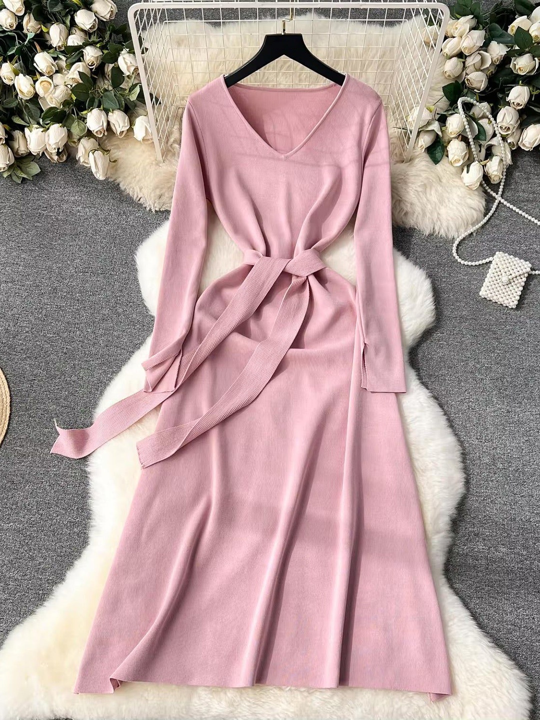 

Errabelly Women V-Neck A-line Maxi Dress With Belt, Pink