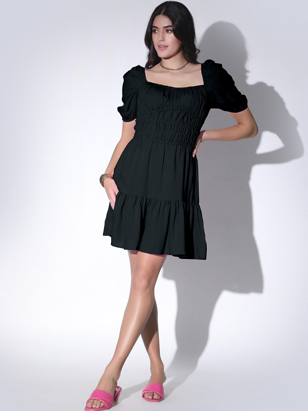 

Femvy Women Layered Tiered Fit & Flare Midi Dress, Black