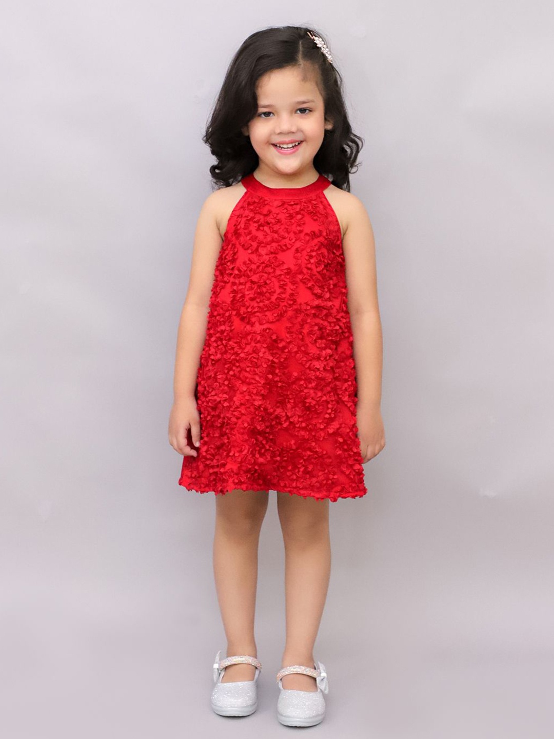 

LIL DRAMA Girls Self Design Floral Satin A-Line Dress, Red