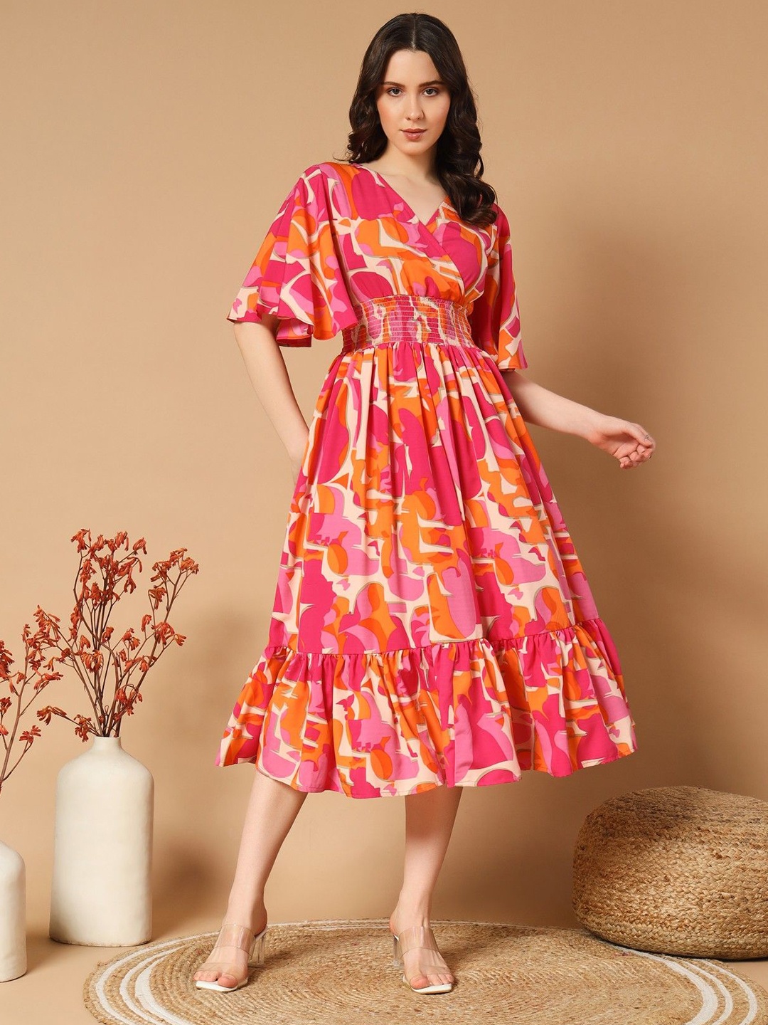 

Femvy Floral Print Fit & Flare Midi Dress, Orange