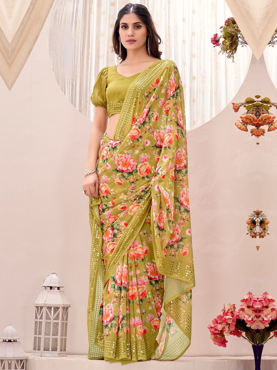 

CHUDIYA Floral Printed Sequinned Saree, Olive