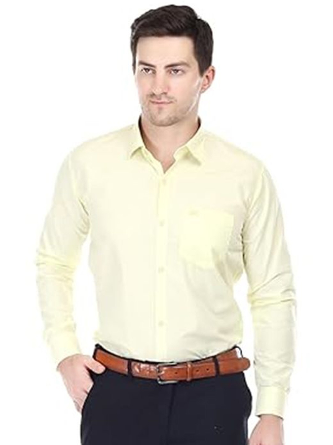 

Xjarvis Men Standard Slim Fit Spread Collar Solid Formal Shirt, Yellow
