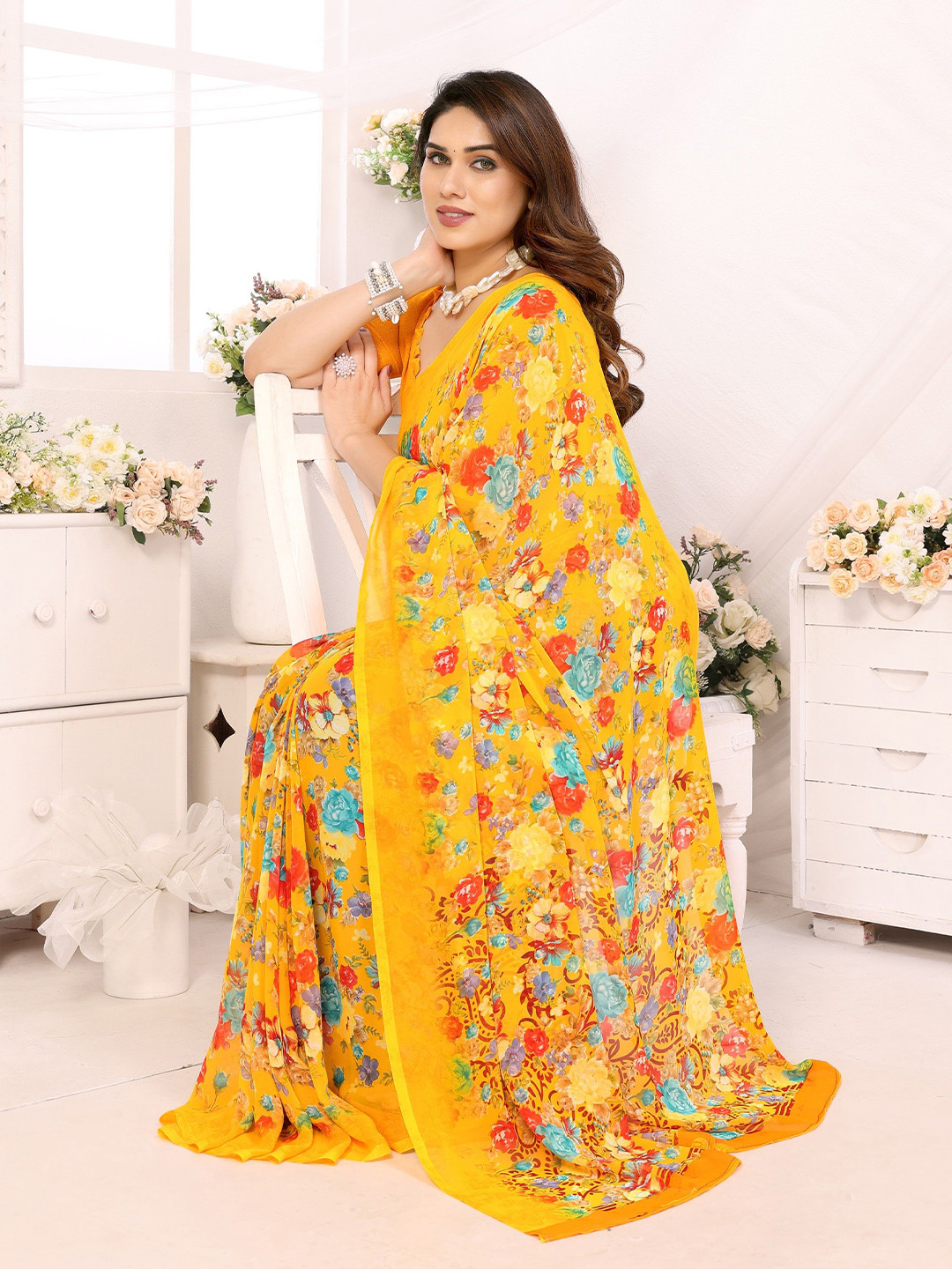 

The Textile Hub Floral Pure Georgette Saree, Yellow