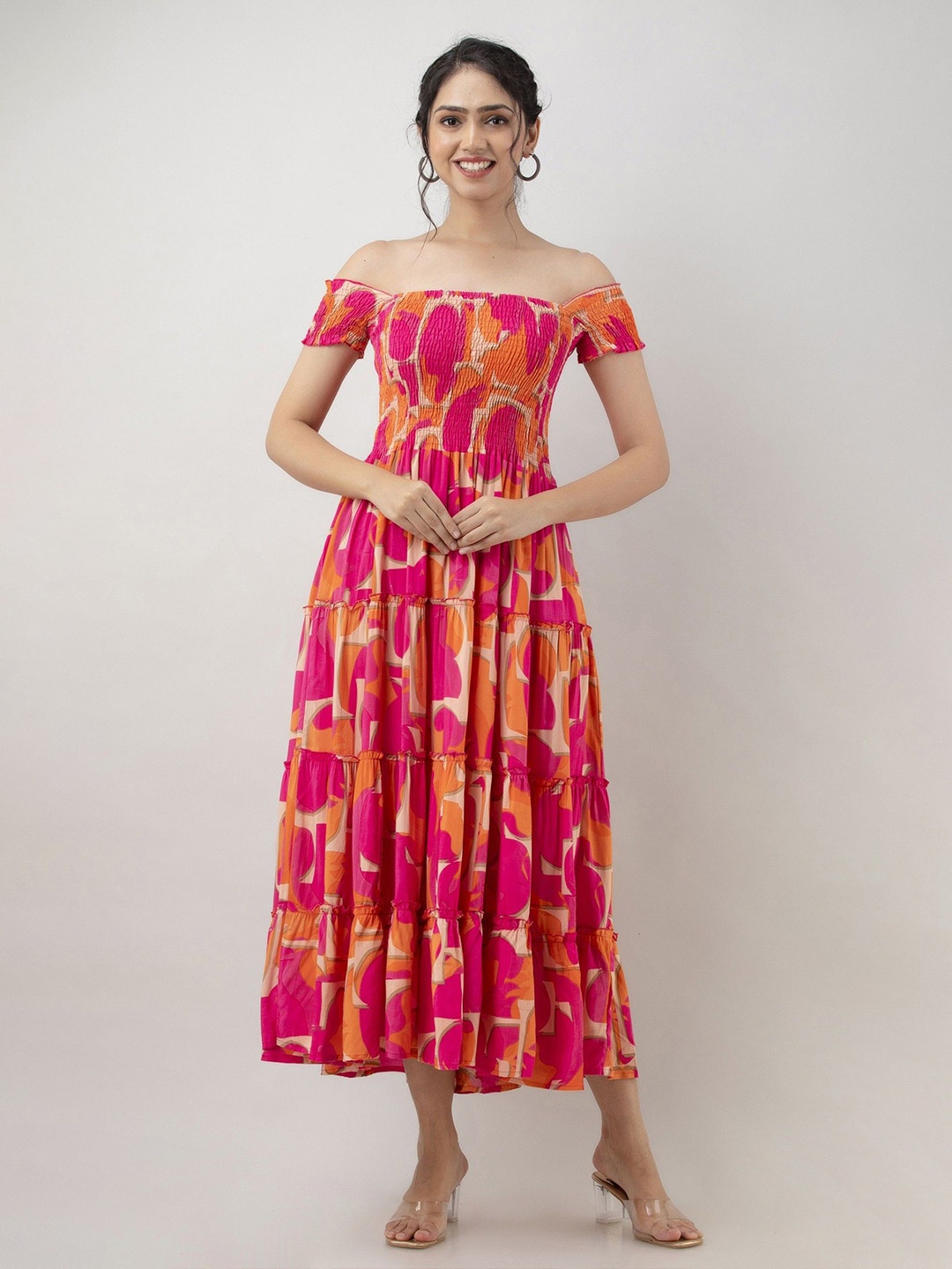 

Femvy Floral Printed Tiered Smocked Off-Shoulder Fit & Flare Midi Dress, Orange