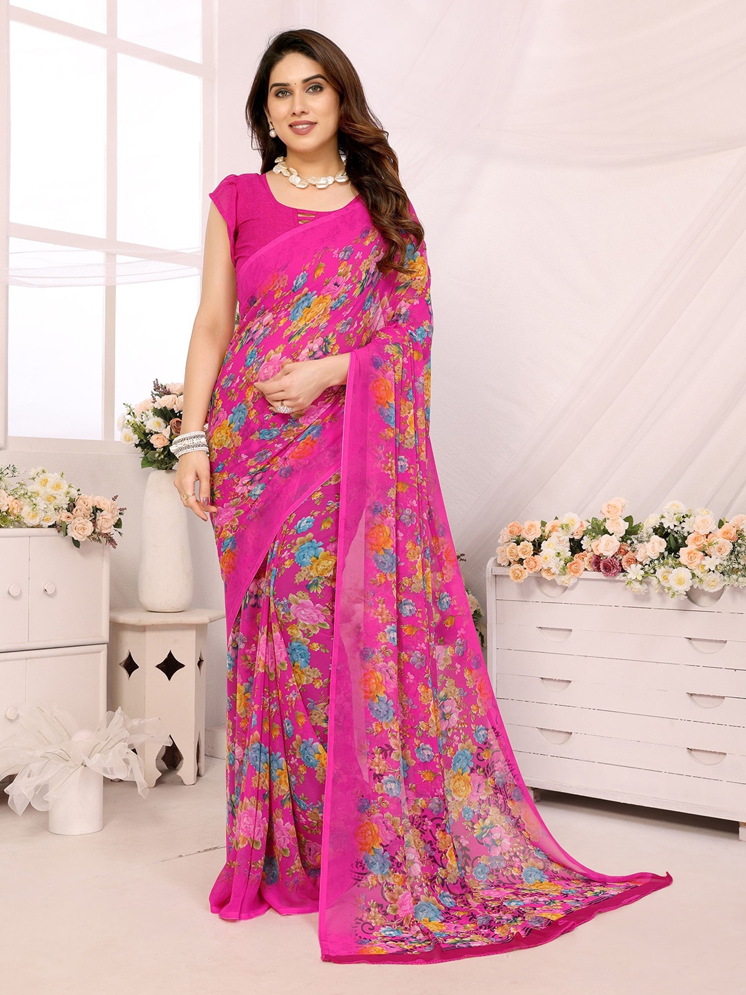 

Ambuja International Floral Printed Pure Georgette Saree, Pink