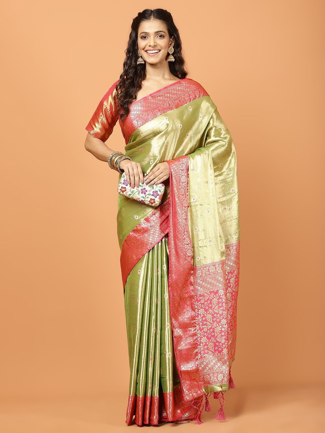 

Meena Bazaar Woven Design Floral Zari Tissue Banarasi Saree, Green