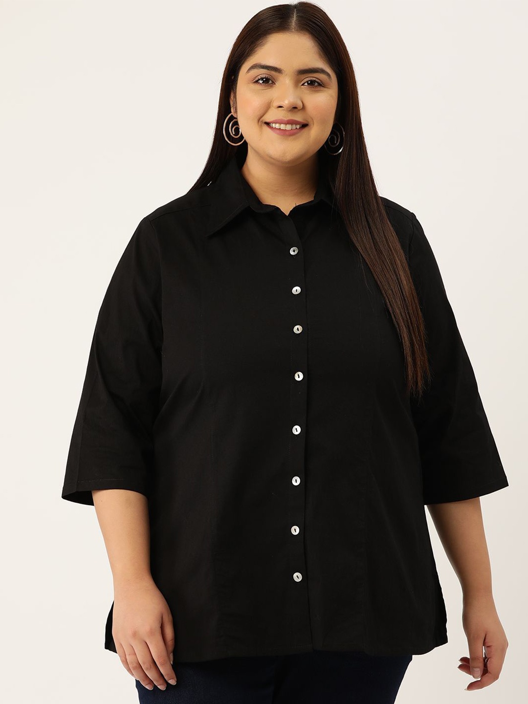 

theRebelinme Women Plus Size Oversized Fit Spread Collar Solid Cotton Casual Shirt, Black