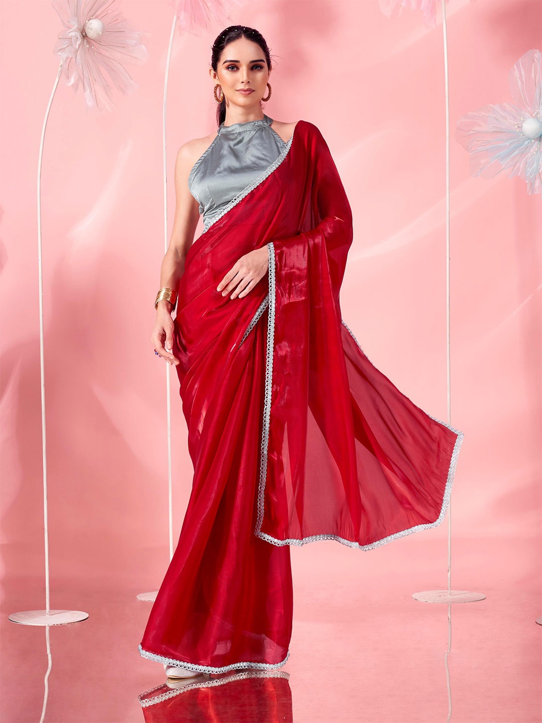 

Tikhi Imli Embellished Border Solid Organza Saree, Red