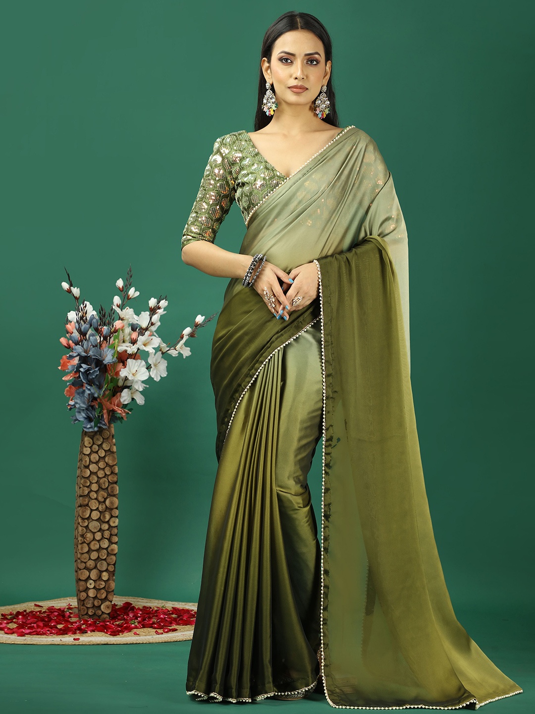 

KAYOMMI Ombre Satin Banarasi Saree, Green