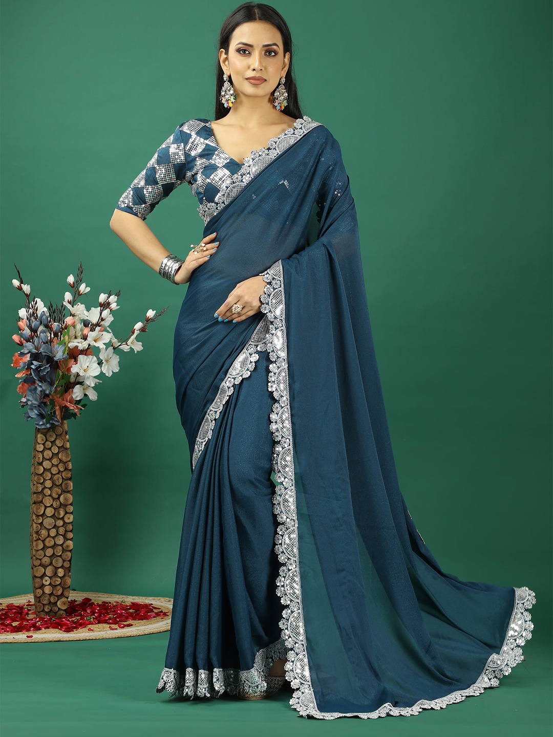 

KAYOMMI Embroidered Satin Banarasi Saree, Teal
