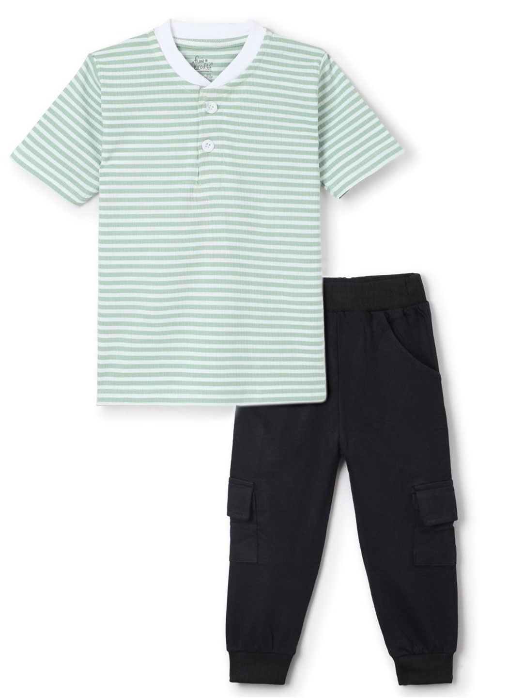 

FUNKRAFTS Boys Striped Round Neck Pure Cotton T-shirt With Joggers, Green