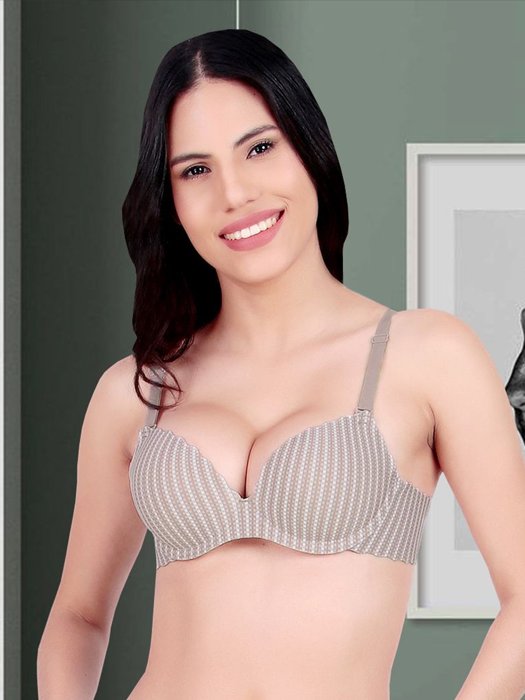 

Secret Lives Women Checked Half Coverage Underwired Heavily Padded Push Up Bra, Grey