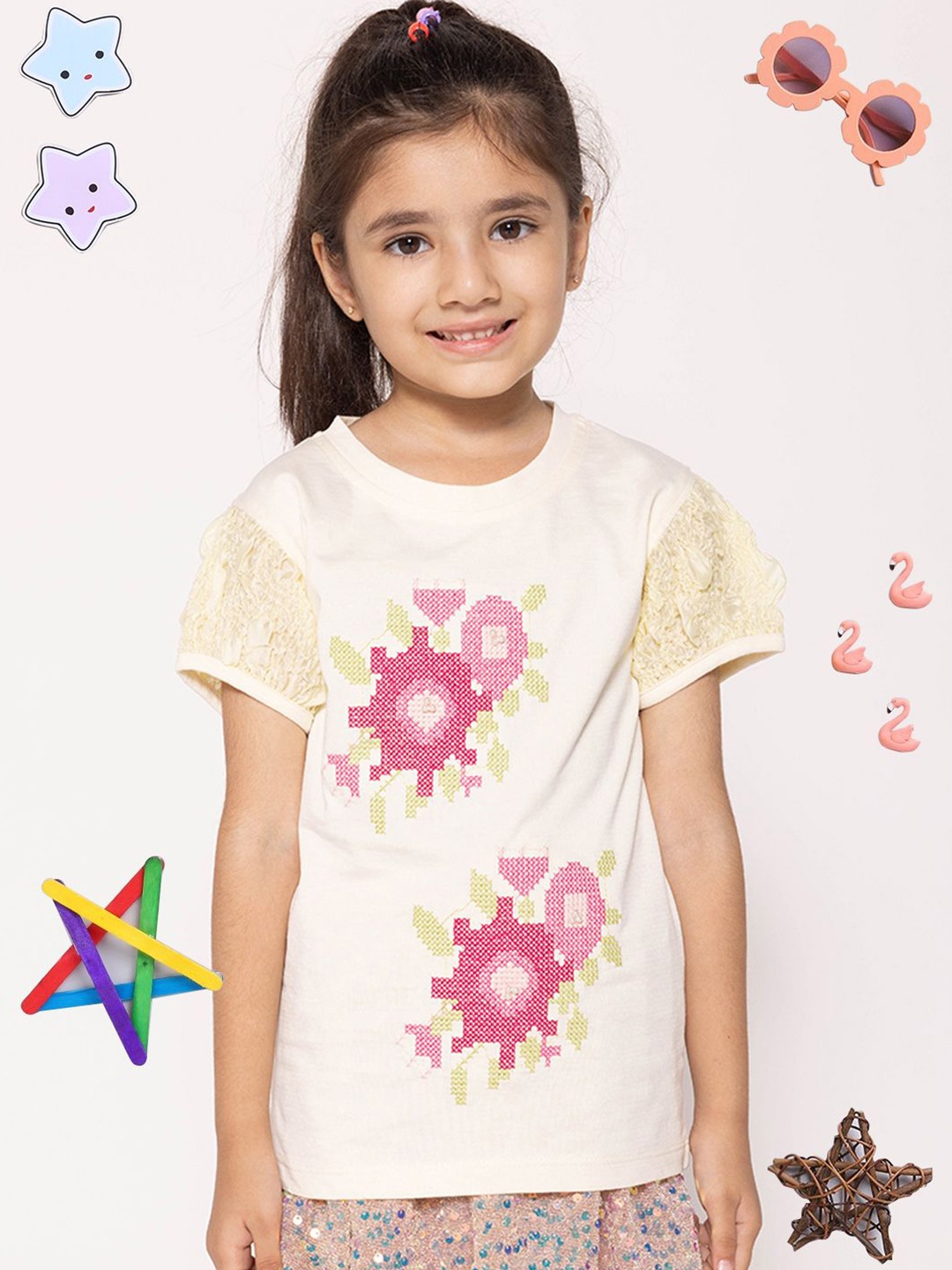

PAMPOLINA Girls Printed Round Neck Top, White