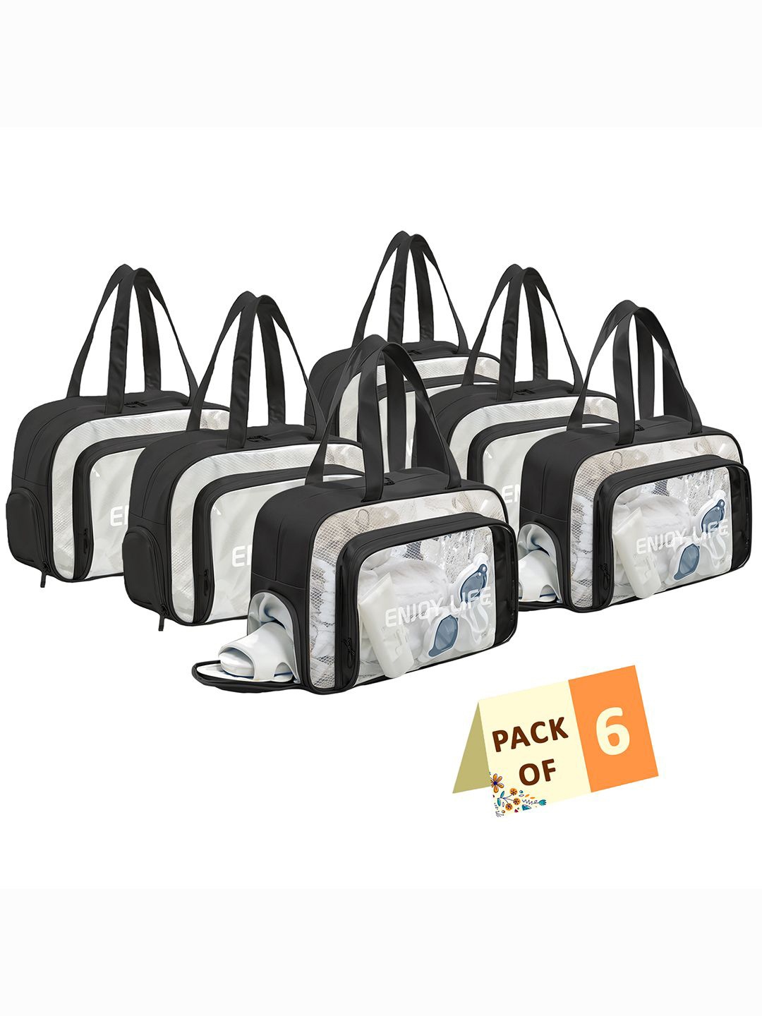 

Kuber Industries Set Of 6 Black Makeup Organizer Pouch With Zip & Handle