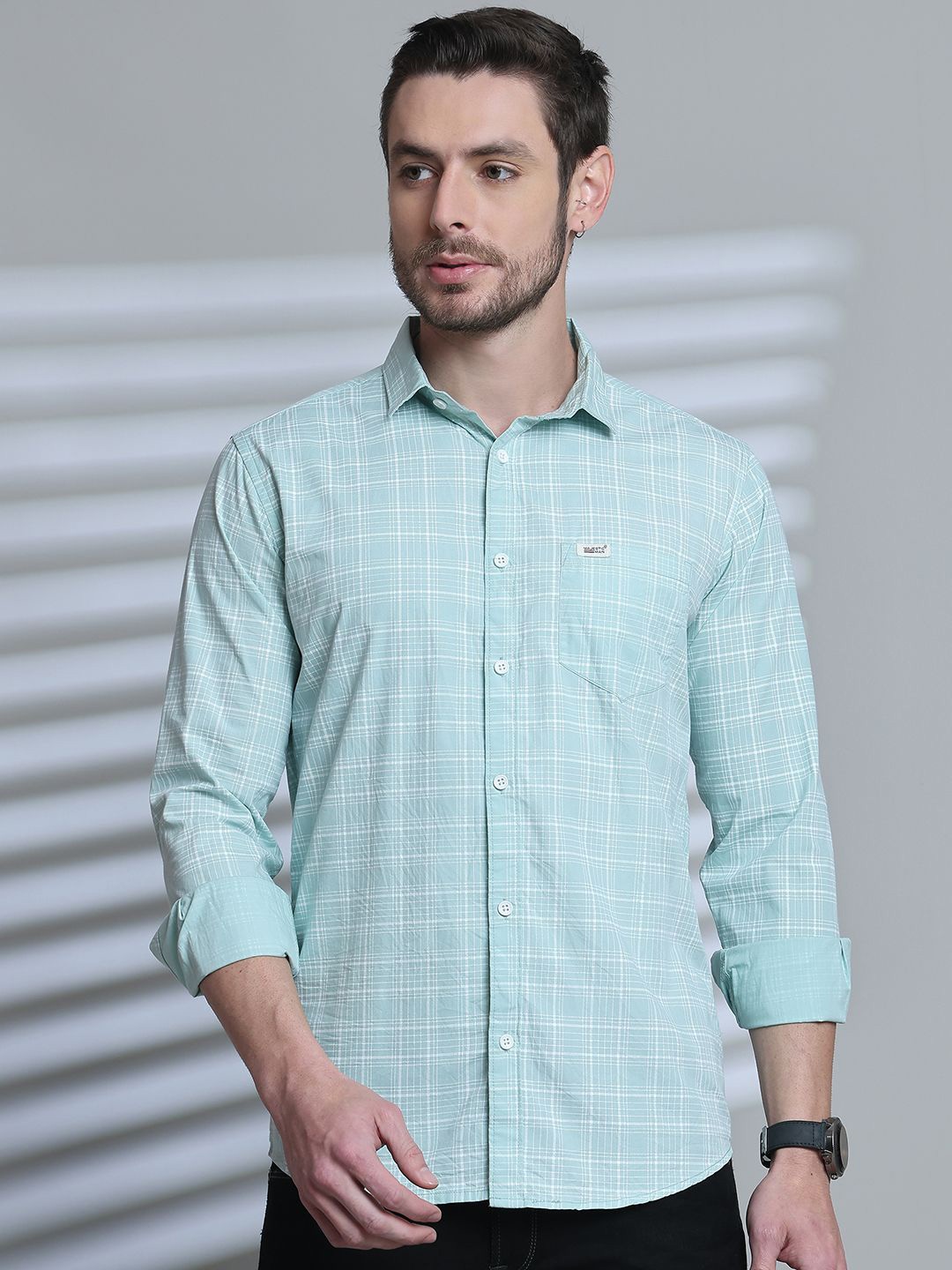 

Majestic Man Comfort Slim Fit Spread Collar Tartan Checked Cotton Casual Shirt, Sea green