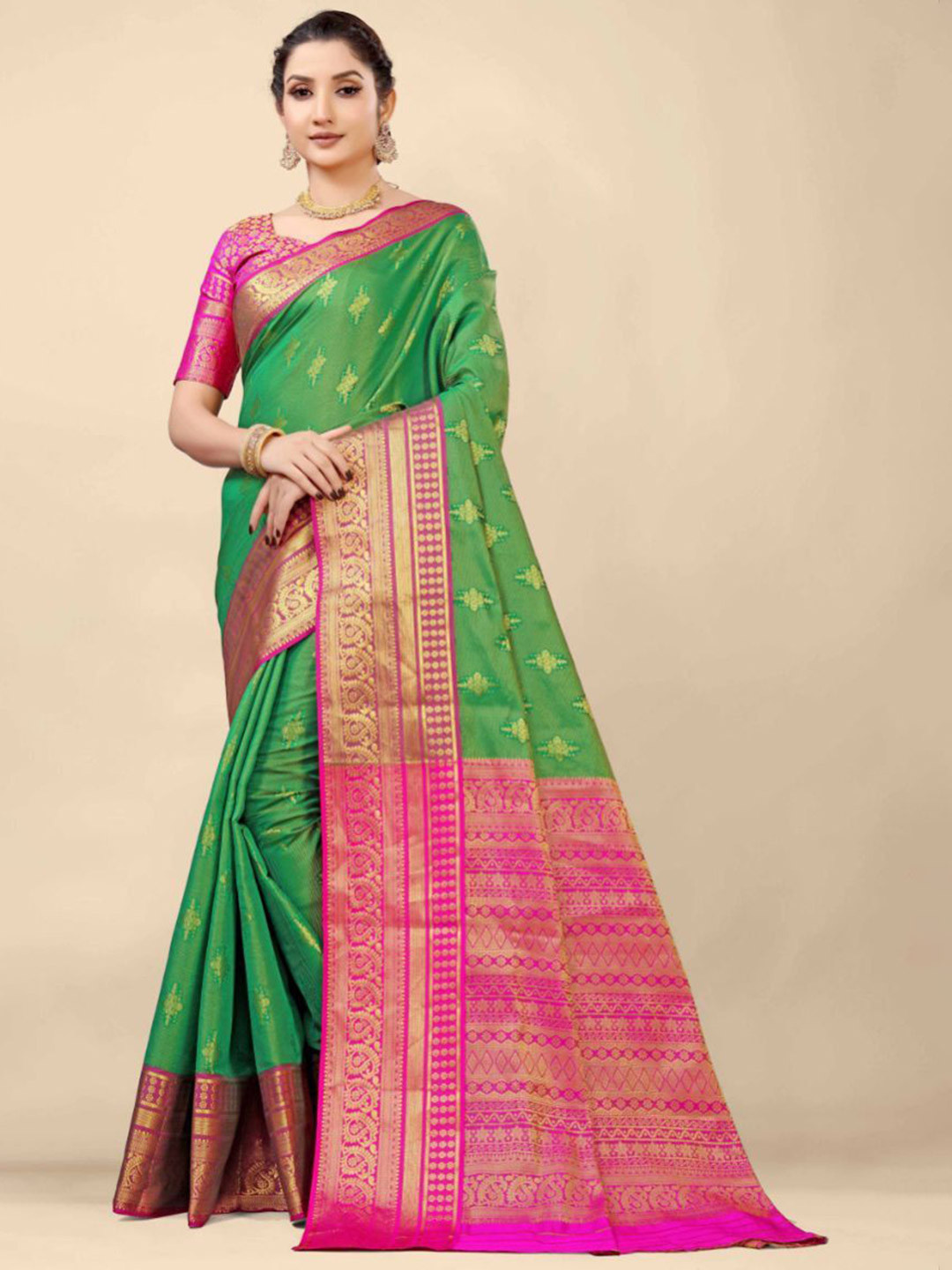 

ZIBLON Woven Design Zari Pure Silk Kanjeevaram Saree, Green