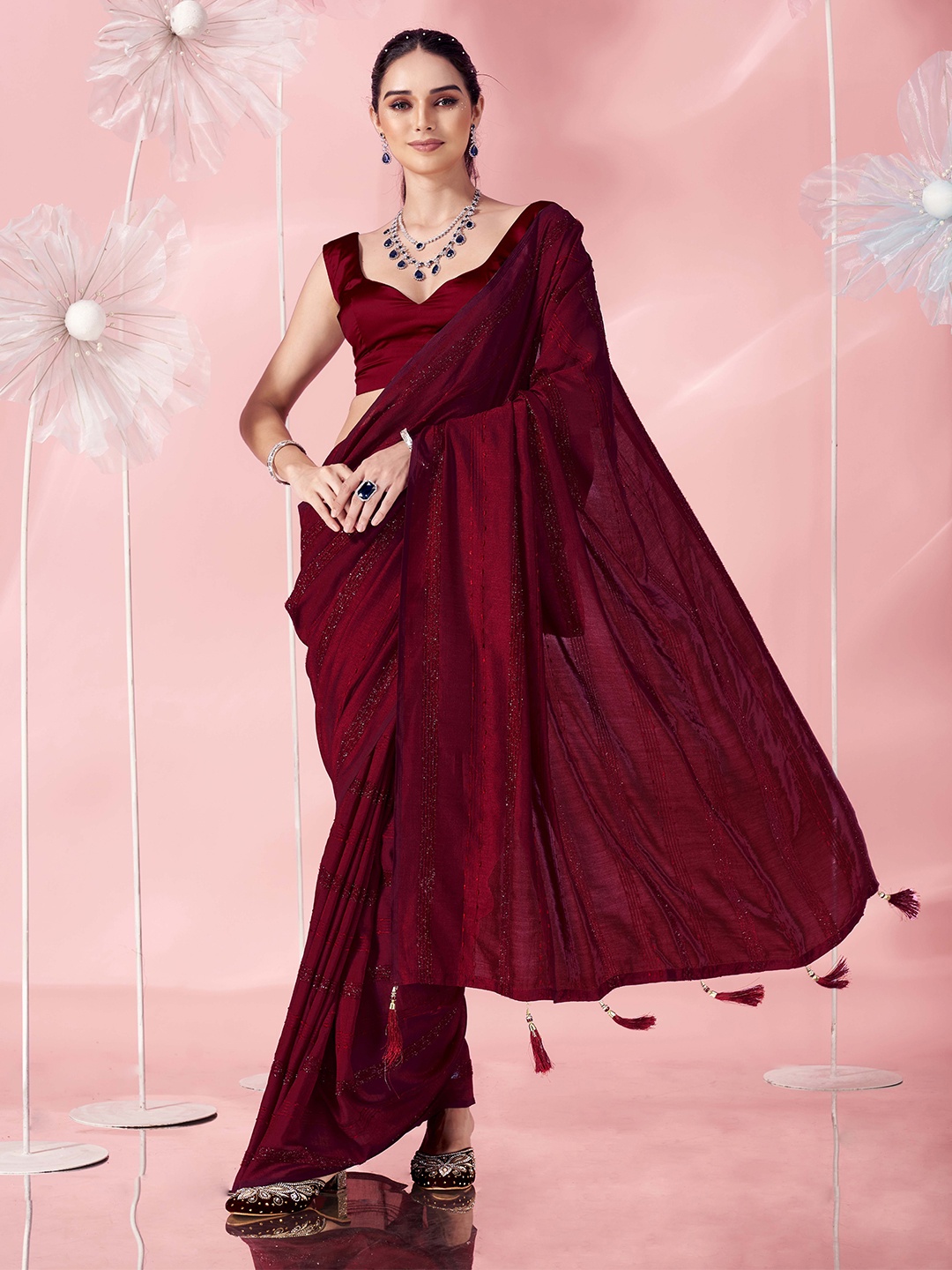 

Tikhi Imli Striped Zardozi Saree, Maroon