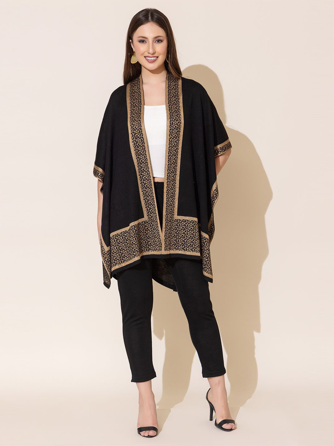 

KEIKO Printed Open Front Acrylic Shrug, Black