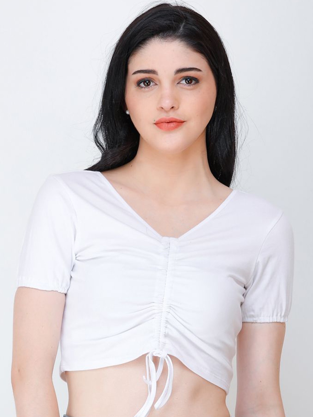 

BAESD Women V Neck Lace-Up Ruched Fitted Crop Top, White