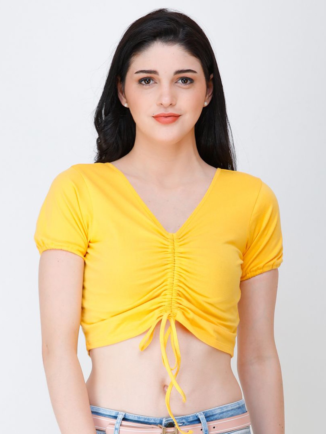 

BAESD Women V-Neck Ruched Fitted Crop Top, Yellow